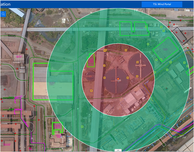 Buffers are drawn on the safety GIS to show the impacted facilities and roads. The yellow bordered boxes show the beacons falling in the impacted area Buffers are drawn on the safety GIS to show the impacted facilities and roads. The yellow bordered boxes show the beacons falling in the impacted area